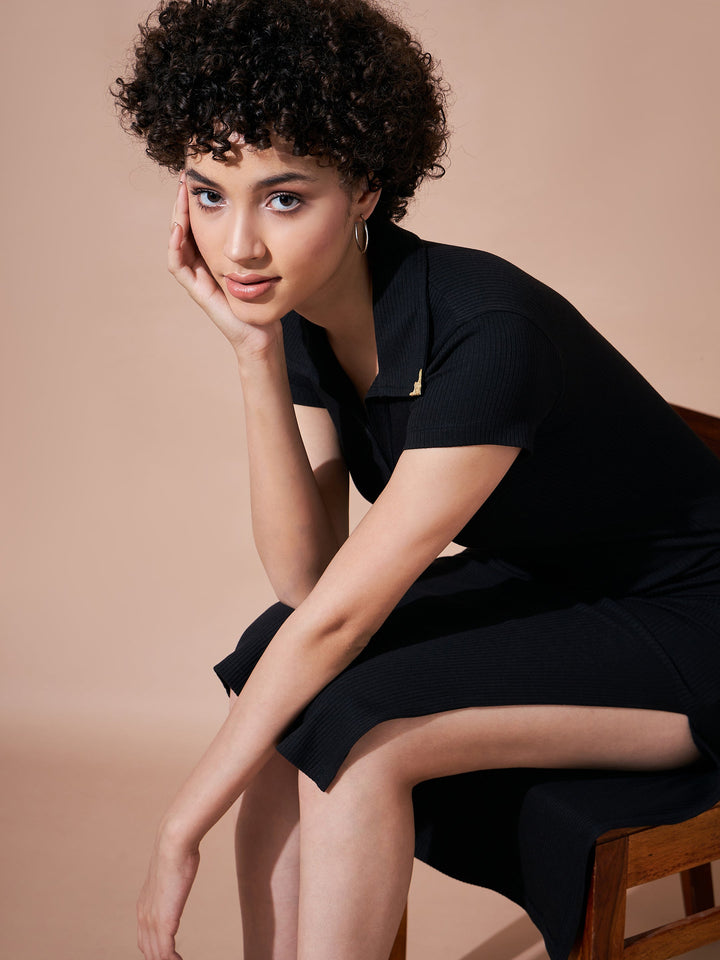 Women Rib Polo Collar Tip Bodycon Dress