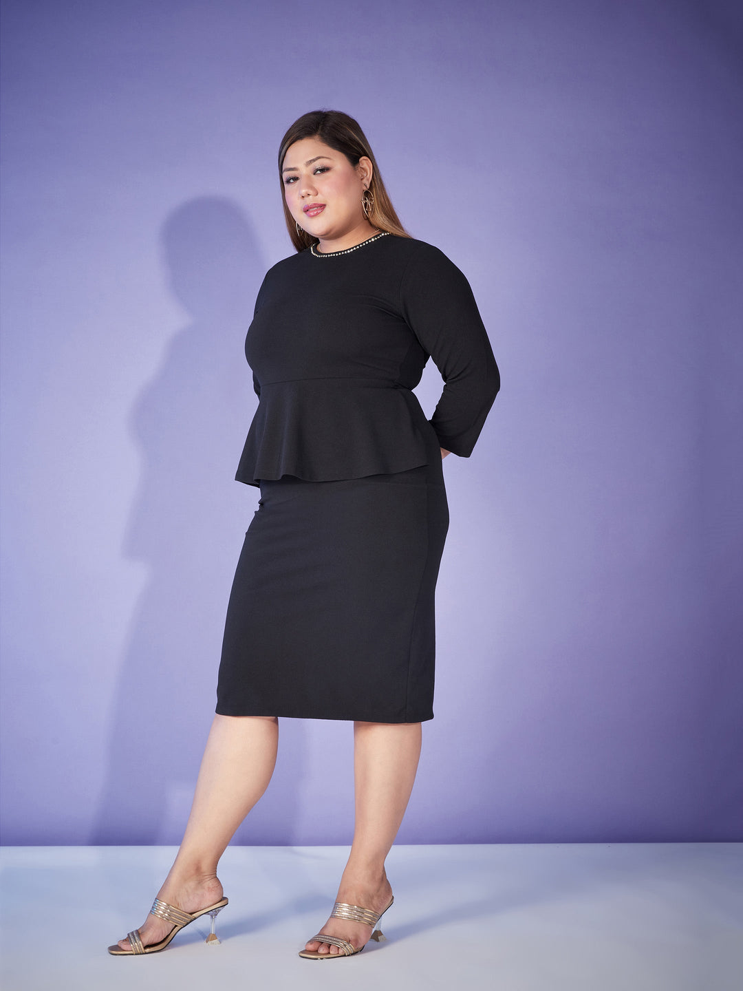 Black Peplum Bodycon Dress-SASSAFRAS Curve