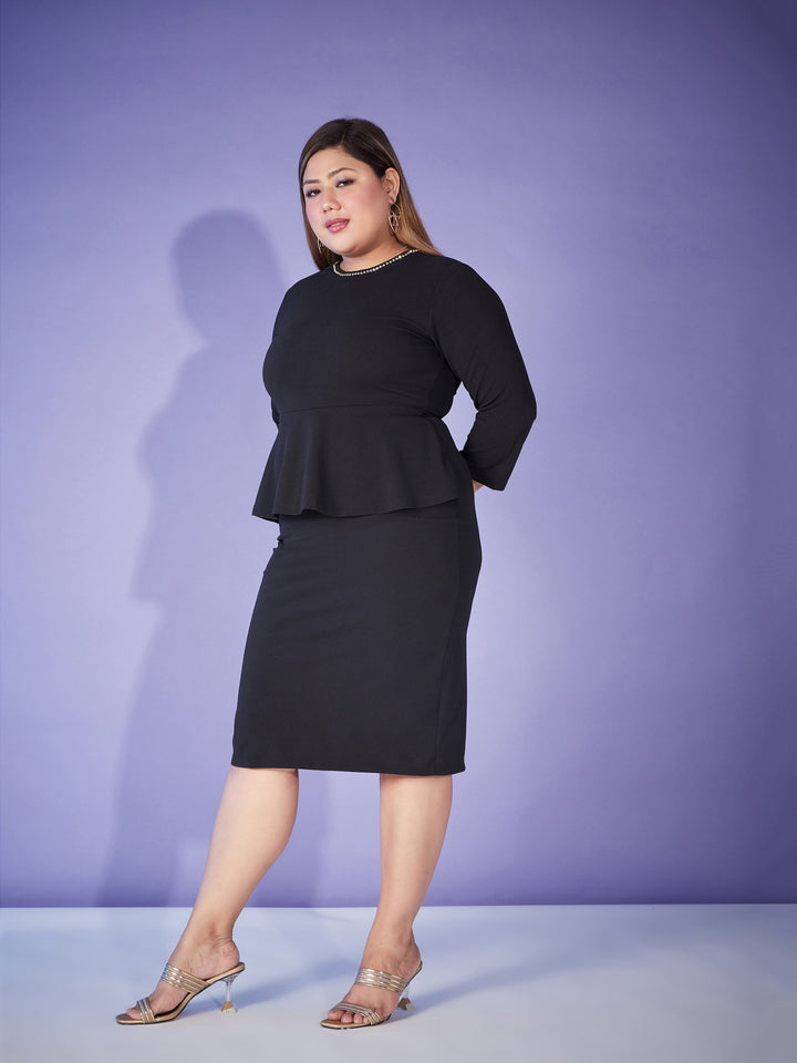 Black Peplum Bodycon Dress-SASSAFRAS Curve