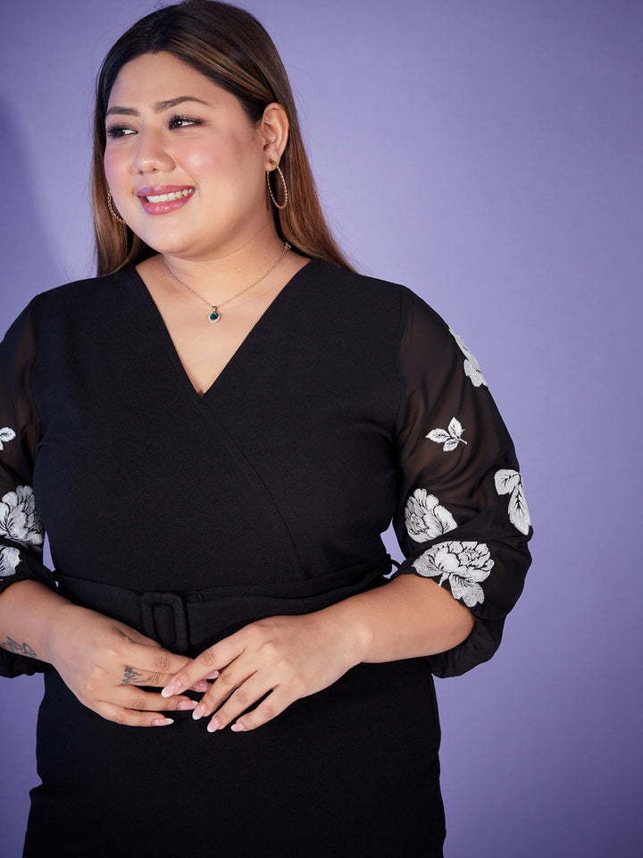 Black Printed Balloon Sleeve Belted Bodycon Dress-SASSAFRAS Curve