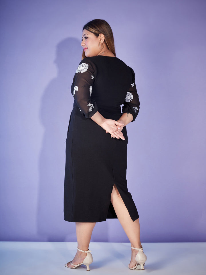 Black Printed Balloon Sleeve Belted Bodycon Dress-SASSAFRAS Curve