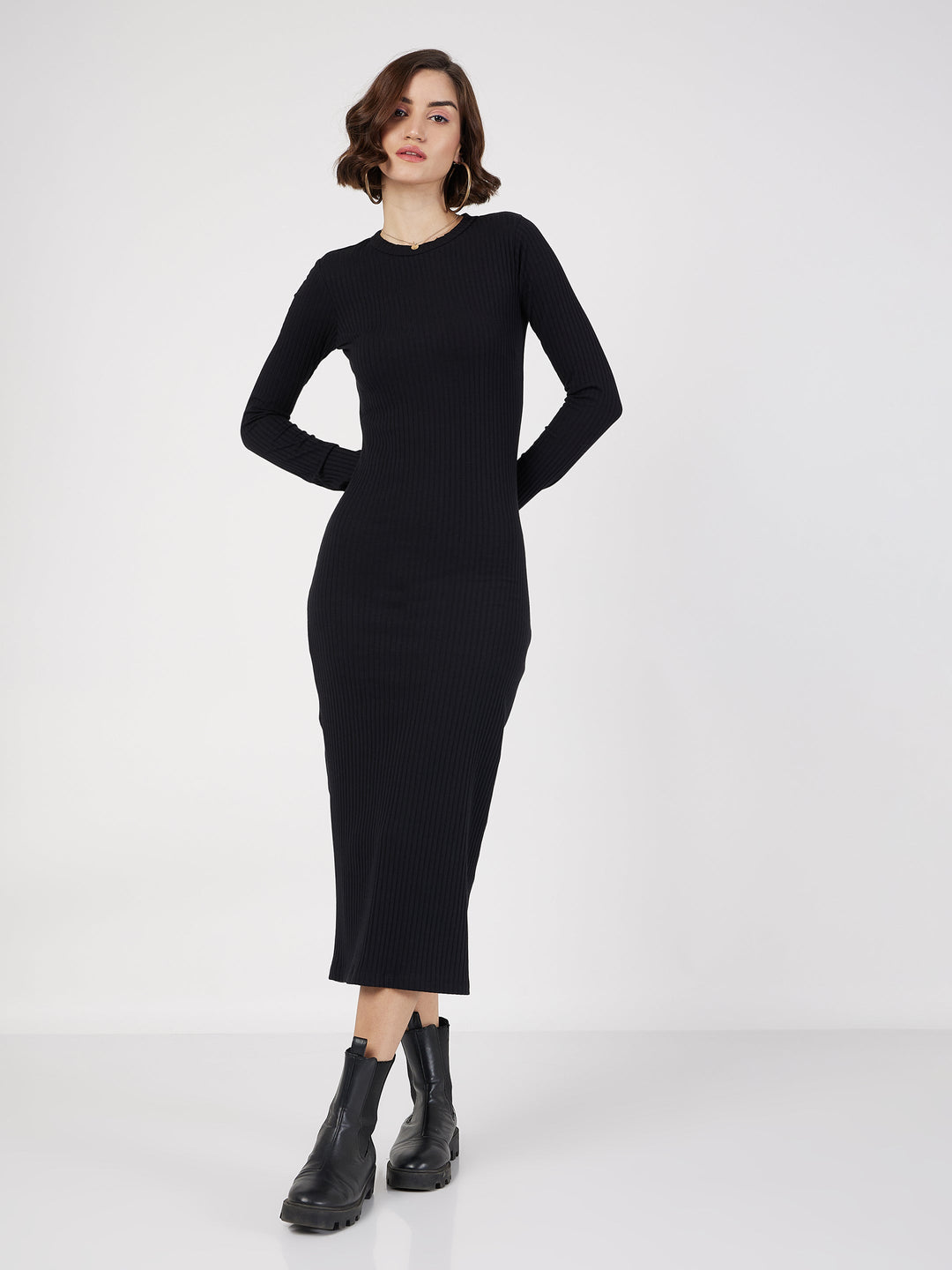 Women's Women Black Rib Bodycon Midi Dress in Cotton by Sassafras for wholesale, bulk, supplier, manufacturer and wholesaler buyers from Trendphoria