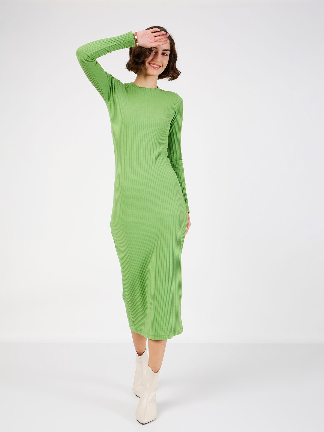 Women's Women Green Rib Bodycon Midi Dress in Cotton by Sassafras for wholesale, bulk, supplier, manufacturer and wholesaler buyers from Trendphoria