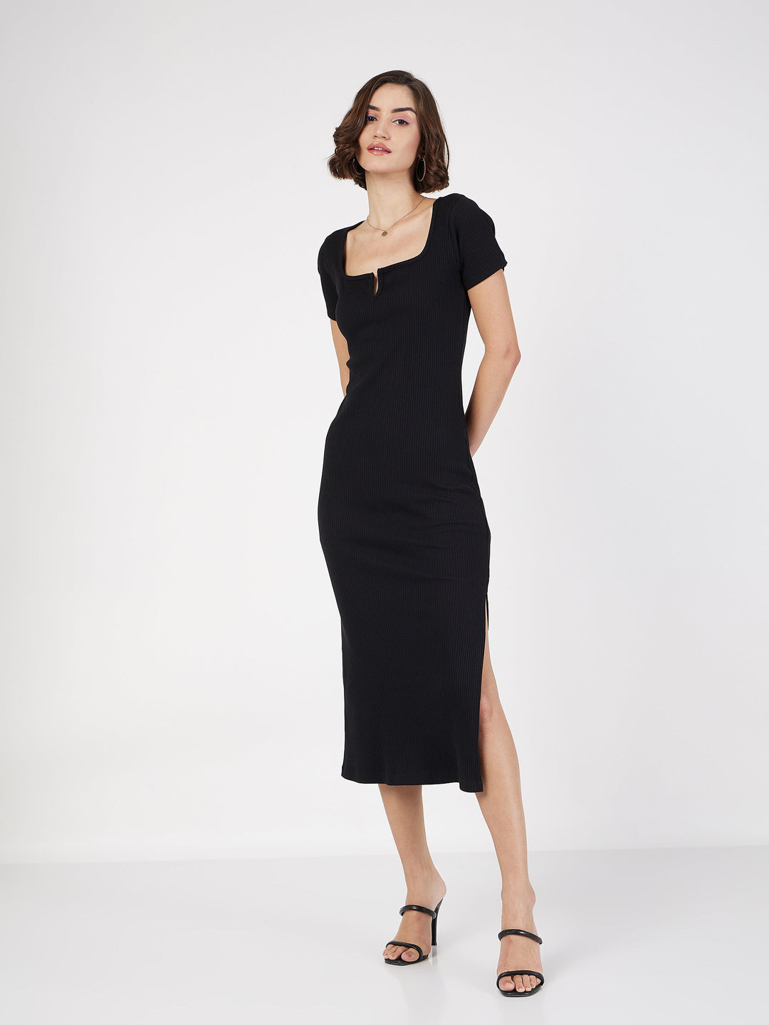 Women's Women Black Rib V-Neck Midi Dress in Cotton by Sassafras for wholesale, bulk, supplier, manufacturer and wholesaler buyers from Trendphoria