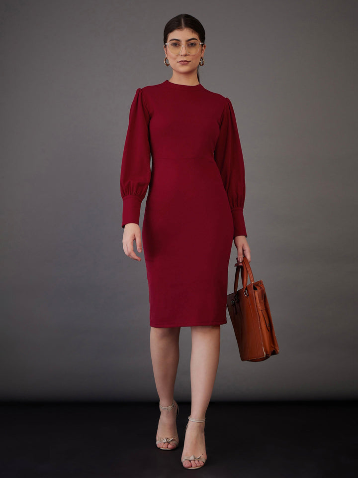 Women Puff Sleeves Bodycon Midi Dress