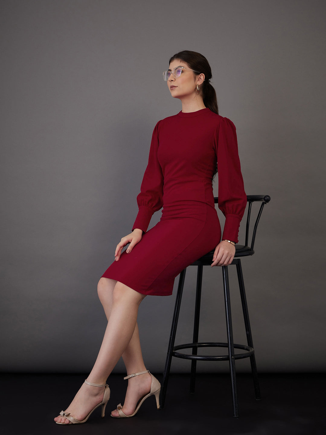 Women Puff Sleeves Bodycon Midi Dress