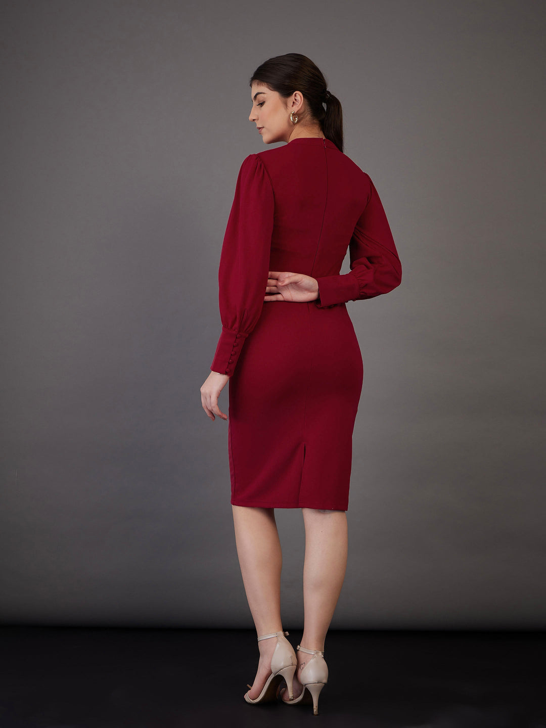 Women Puff Sleeves Bodycon Midi Dress