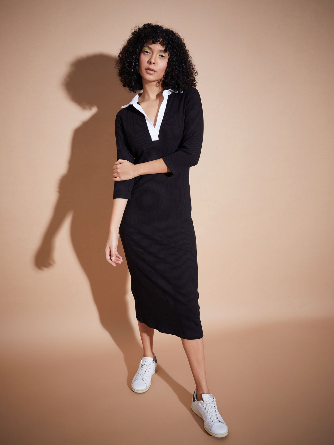 Women Rib Contrast Collar Midi Dress