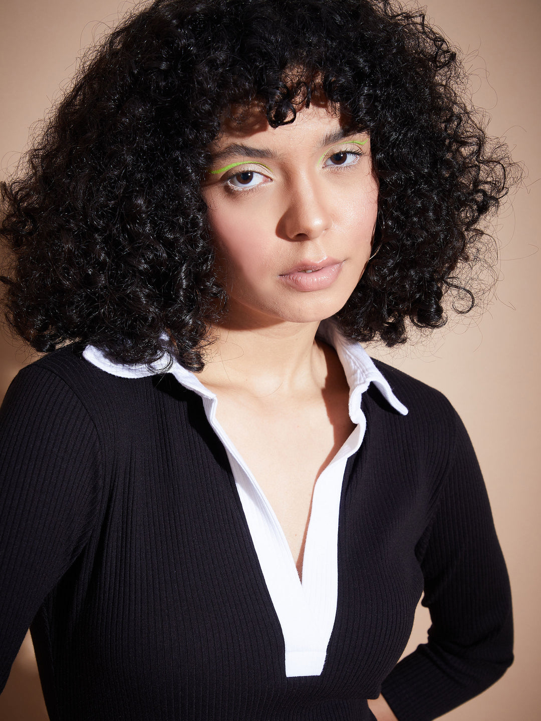 Women Rib Contrast Collar Midi Dress