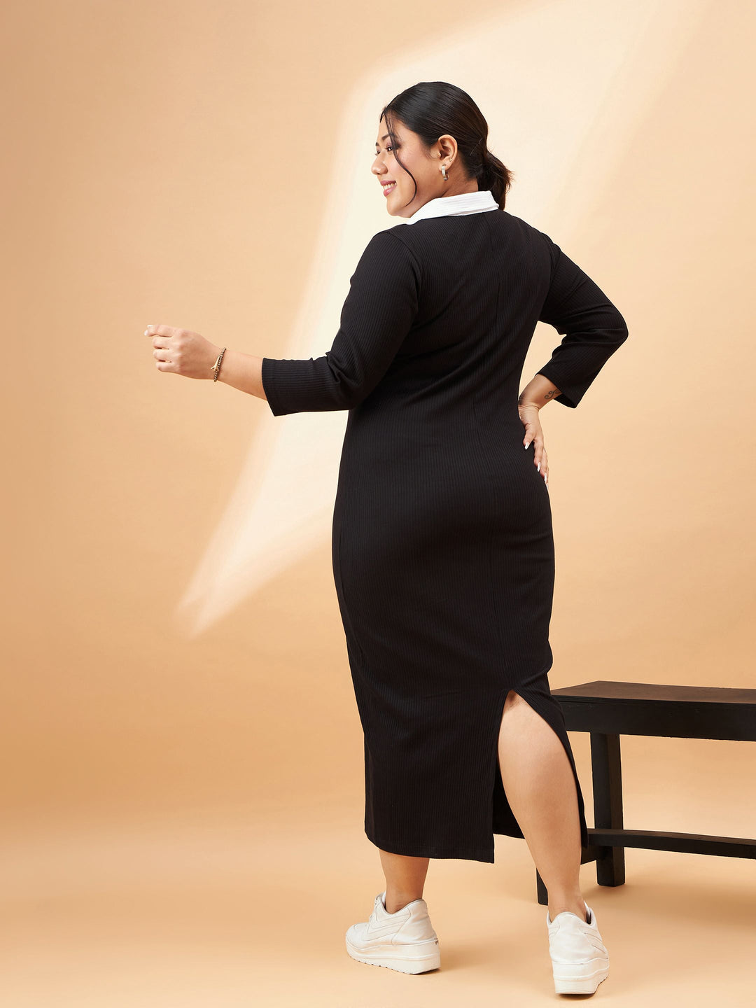 Black Rib Contrast Collar Midi Dress-SASSAFRAS Curve