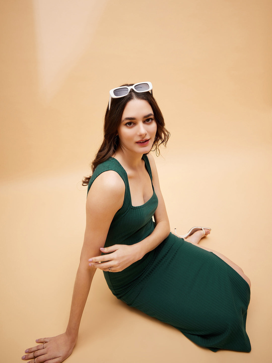 Women Emerald Square Neck Midi Slit Dress