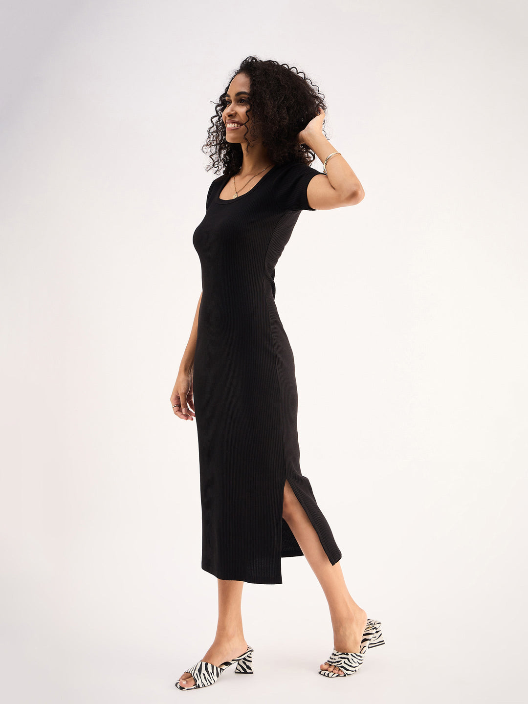 Women Rib Square Neck Slit Midi Dress