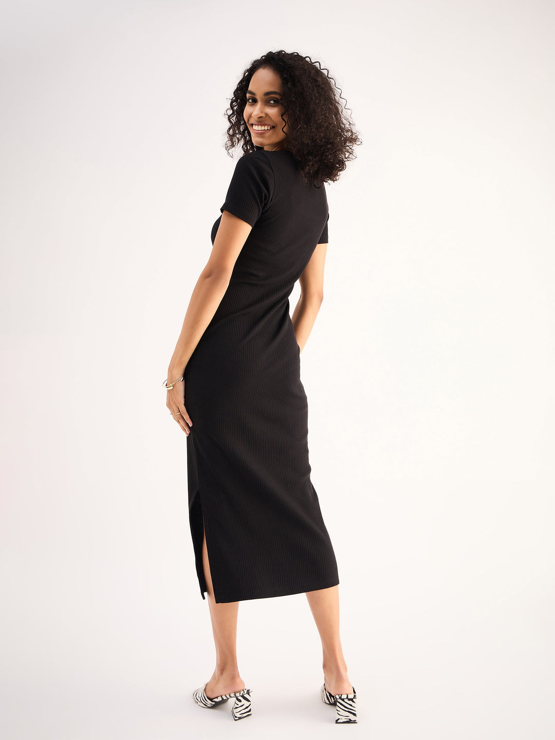 Women Rib Square Neck Slit Midi Dress