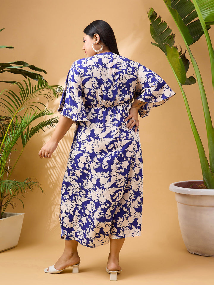 Blue Floral Front Slit Midi Dress-SASSAFRAS Curve
