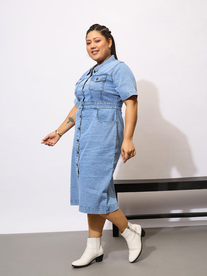 Navy Denim Acid Wash Front Button Shirt Dress-SASSAFRAS Curve