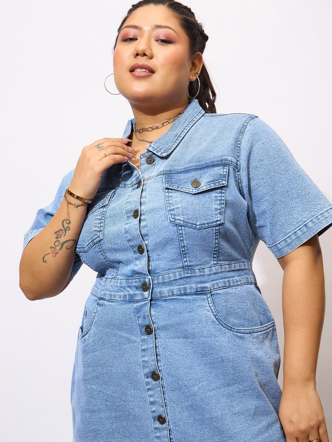 Navy Denim Acid Wash Front Button Shirt Dress-SASSAFRAS Curve