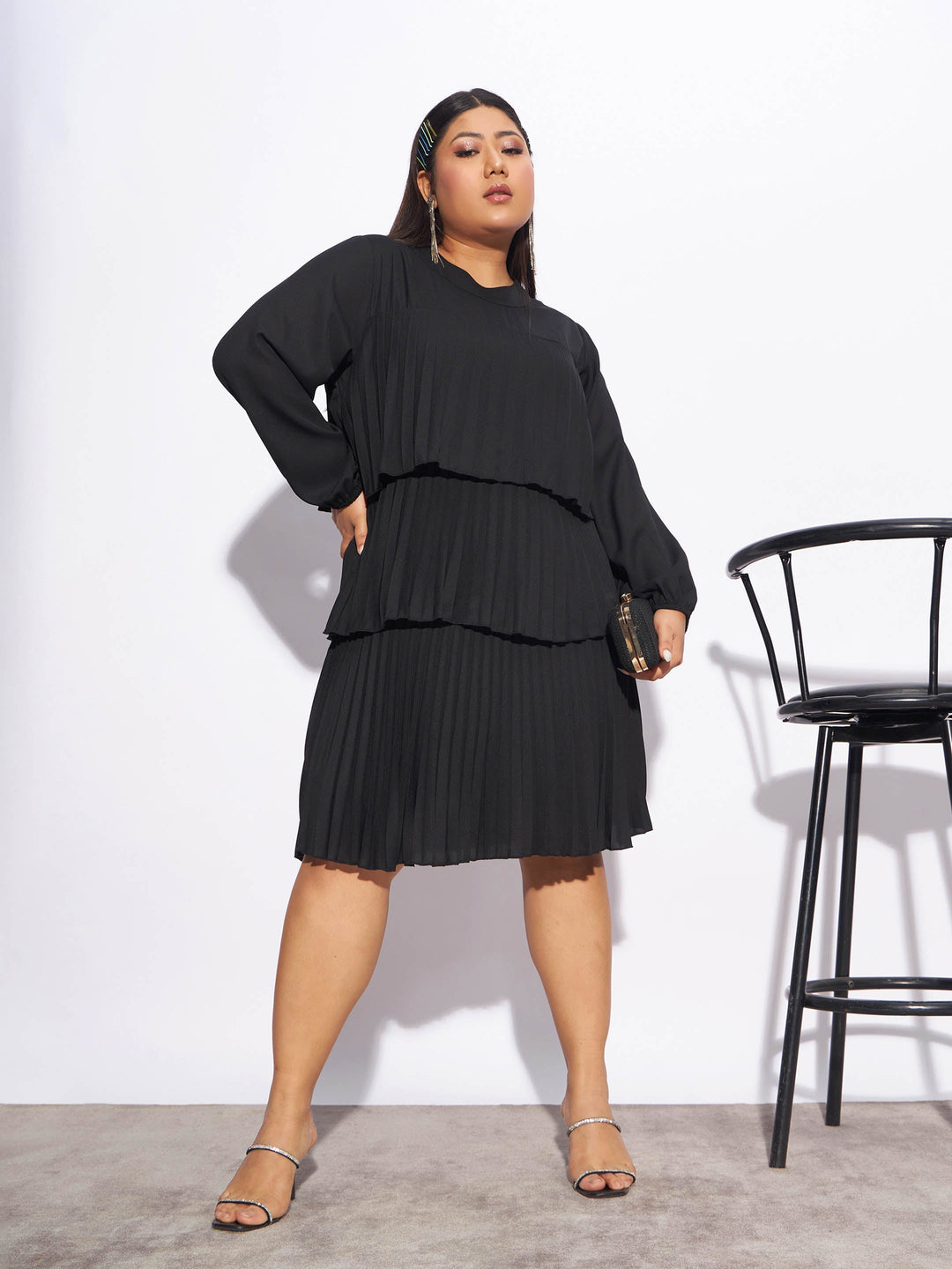 Plus size women's Black Georgette Black Pleated Skater Tiered Dress by Sassafras Curve for wholesale buyers, boutiques, resellers and bulk orders