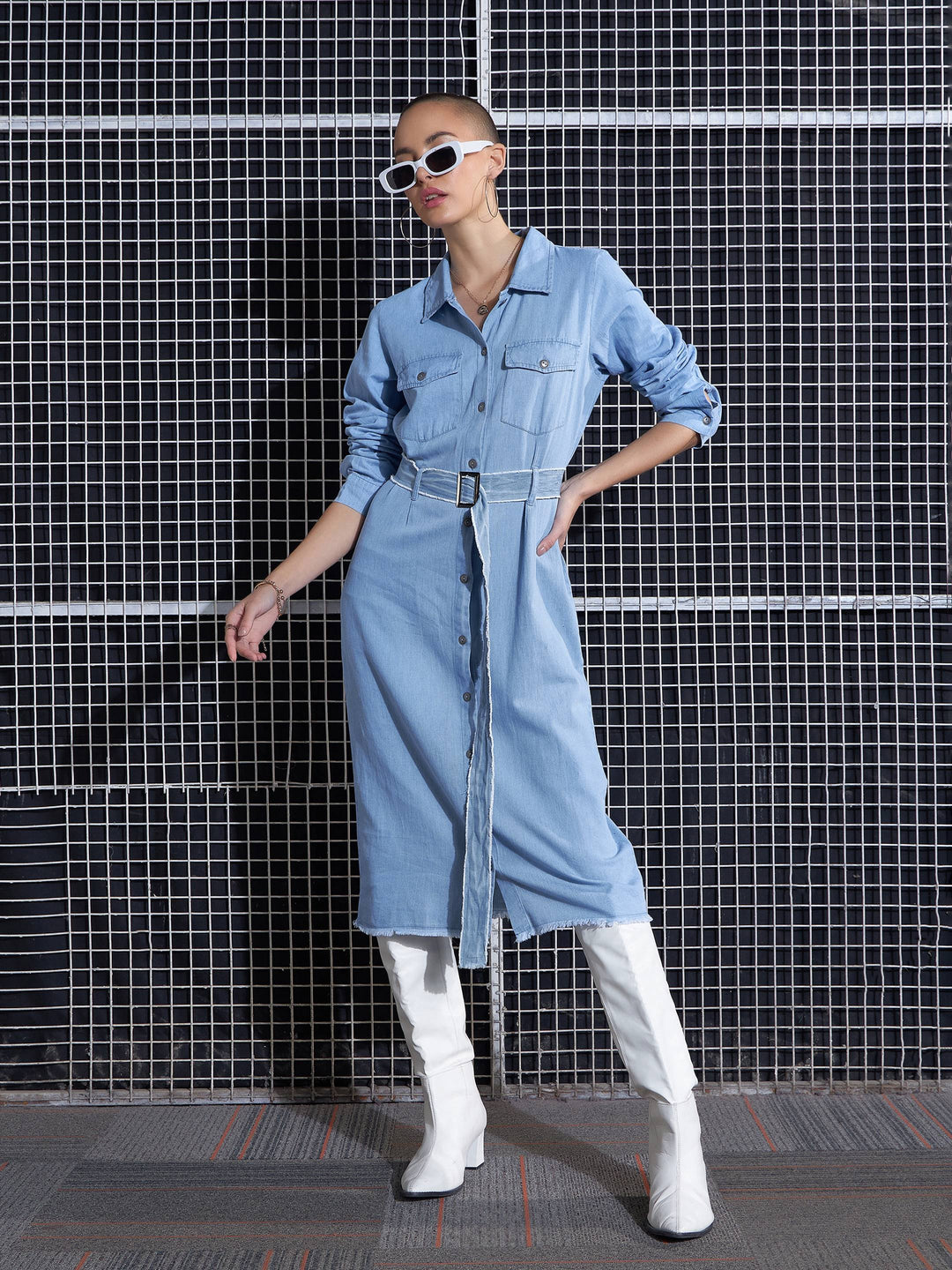 Women's Women Ice Blue Raw Edge Pocket Shirt Dress in Cotton by Sassafras for wholesale, bulk, supplier, manufacturer and wholesaler buyers from Trendphoria