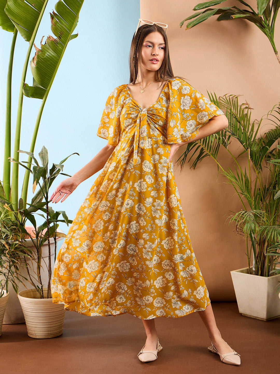 Women's Women Yellow Floral Front Tie Midi Dress in Georgette by Sassafras for wholesale, bulk, supplier, manufacturer and wholesaler buyers from Trendphoria