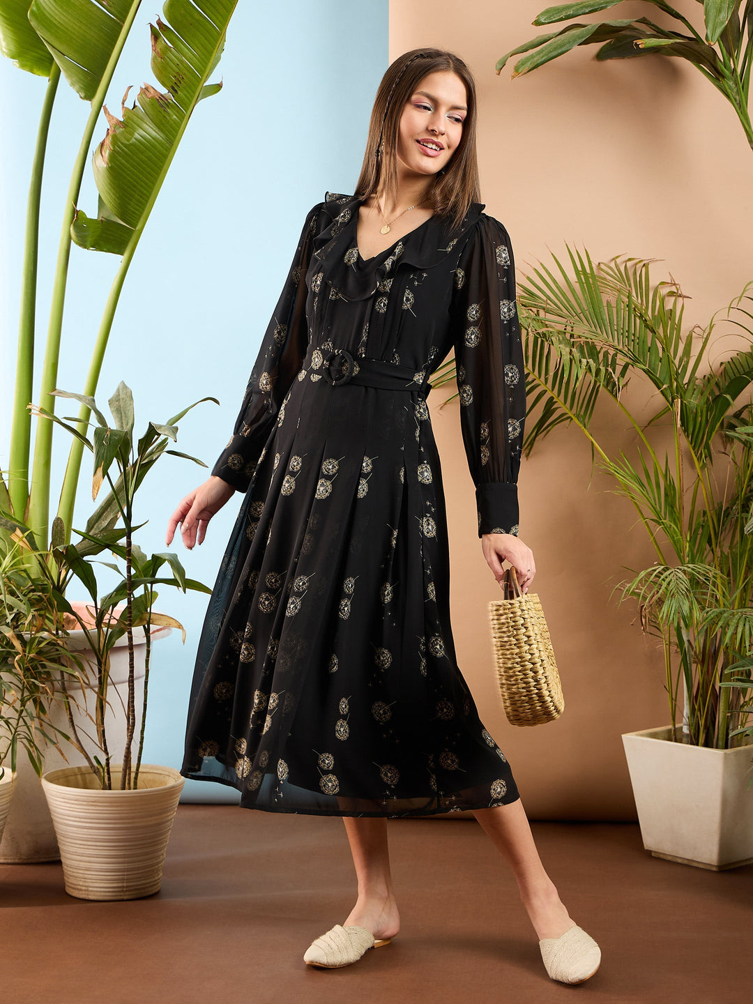 Women's Women Black Floral Ruffle Collar Midi Dress in Georgette by Sassafras for wholesale, bulk, supplier, manufacturer and wholesaler buyers from Trendphoria