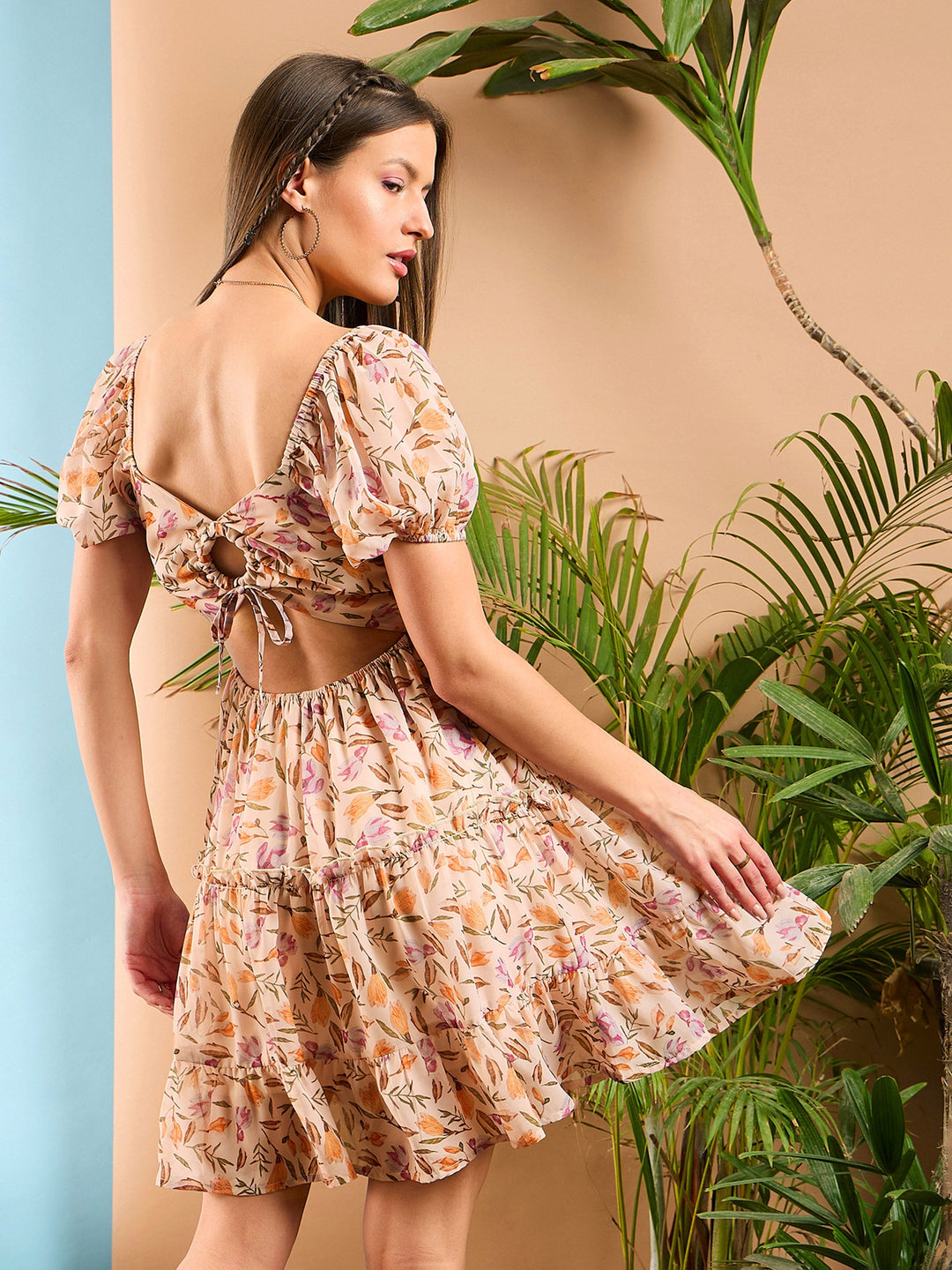 Women's Women Peach Floral Sweetheart Neck Short Skater Dress in Georgette by Sassafras for wholesale, bulk, supplier, manufacturer and wholesaler buyers from Trendphoria