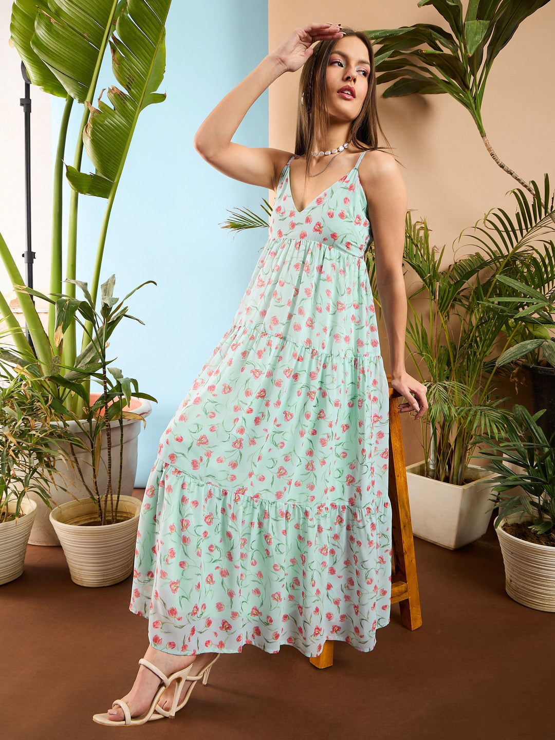 Women's Women See Green Floral Strappy Tiered Maxi Dress in Georgette by Sassafras for wholesale, bulk, supplier, manufacturer and wholesaler buyers from Trendphoria