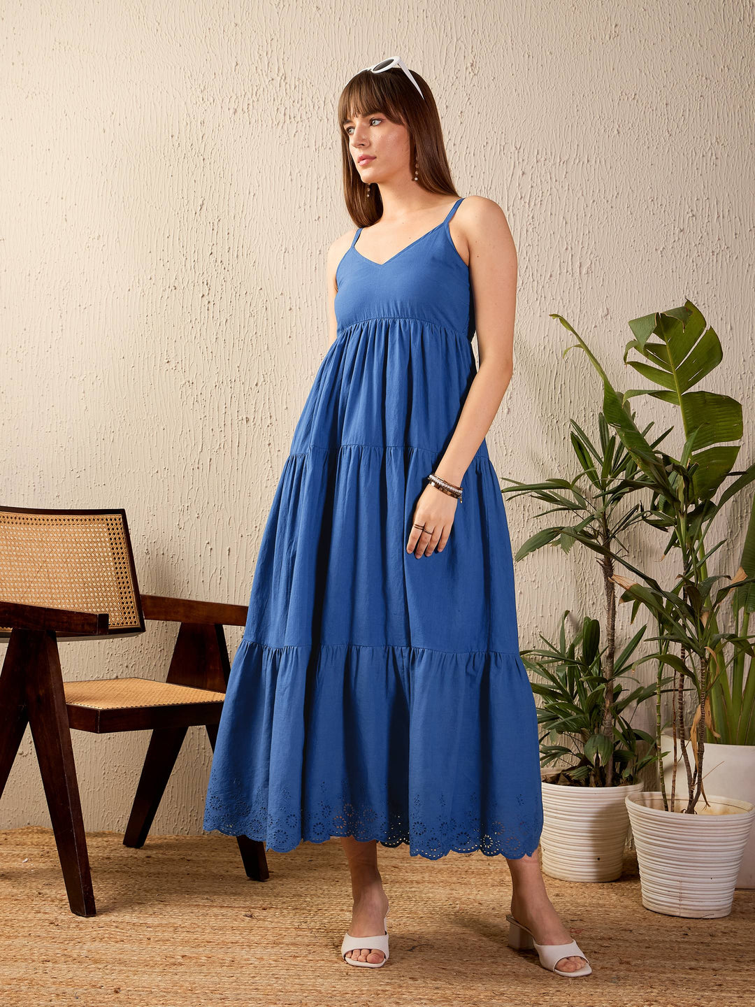 Women's Women Royal Blue Schiffli Strappy Tered Maxi Dress in Cotton by Sassafras for wholesale, bulk, supplier, manufacturer and wholesaler buyers from Trendphoria