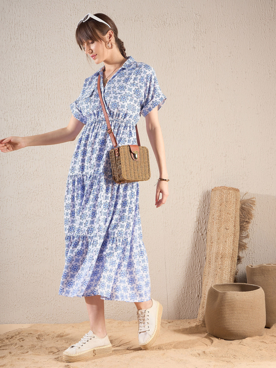 Women's Women Royal Blue Ethnic Print Collar Tiered Midi Dress in Polyester by Sassafras for wholesale, bulk, supplier, manufacturer and wholesaler buyers from Trendphoria