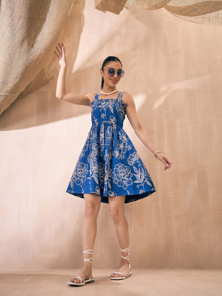 Women Poplin Floral Ruffle Neck Smocked Skater Dress