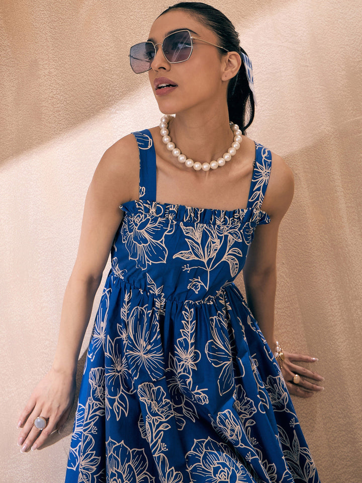 Women Poplin Floral Ruffle Neck Smocked Skater Dress