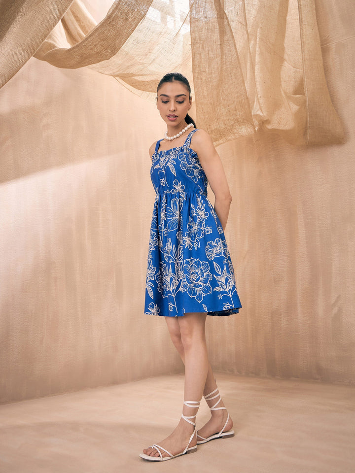 Women Poplin Floral Ruffle Neck Smocked Skater Dress