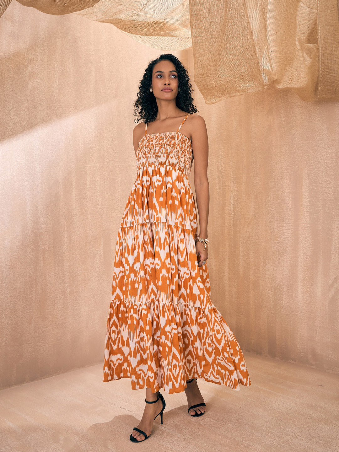 Women Ikat Print Smocked Bust Tiered Maxi