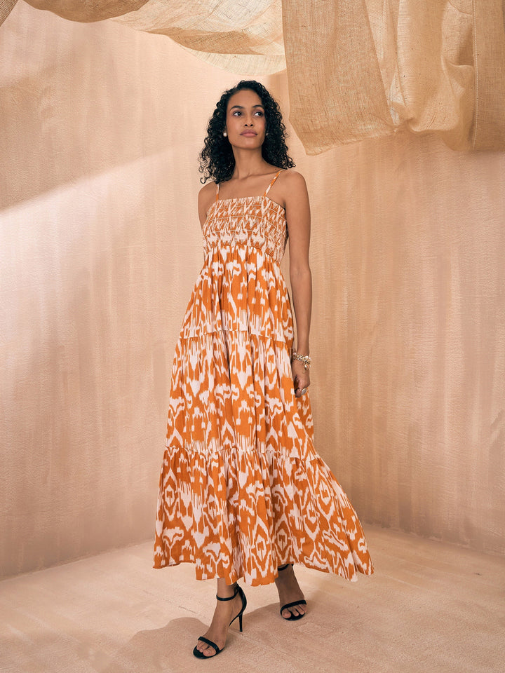 Women Ikat Print Smocked Bust Tiered Maxi