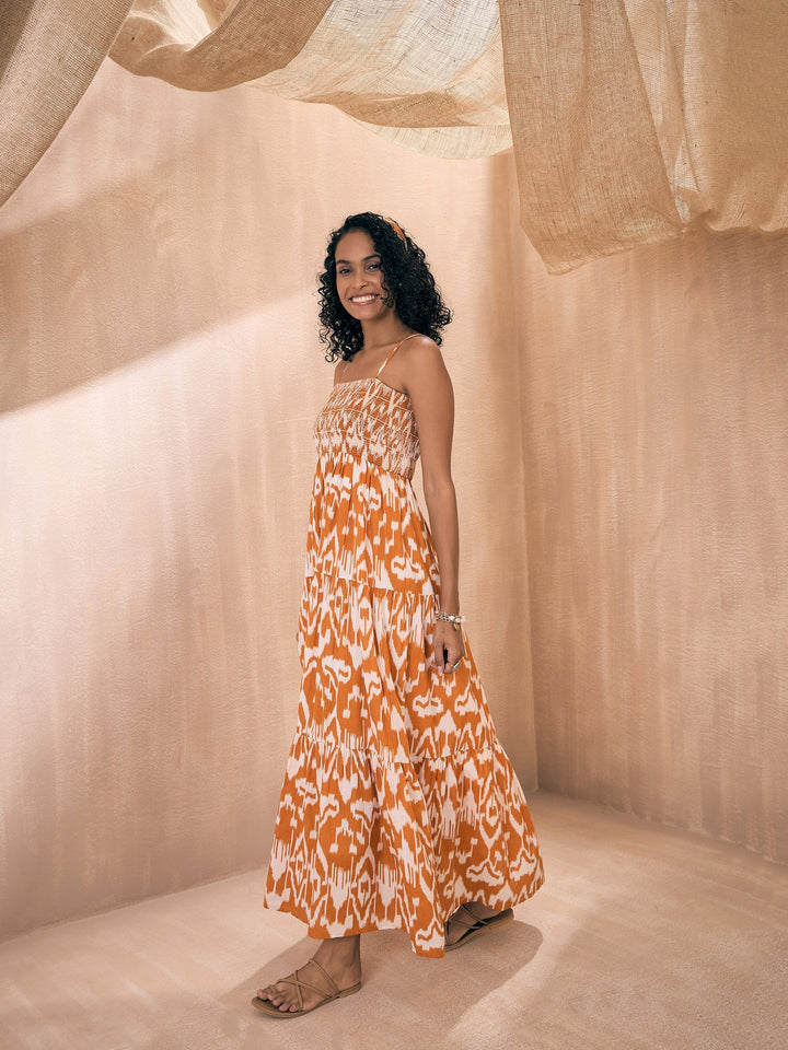 Women Ikat Print Smocked Bust Tiered Maxi