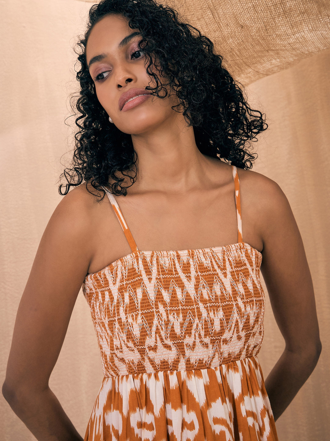 Women Ikat Print Smocked Bust Tiered Maxi