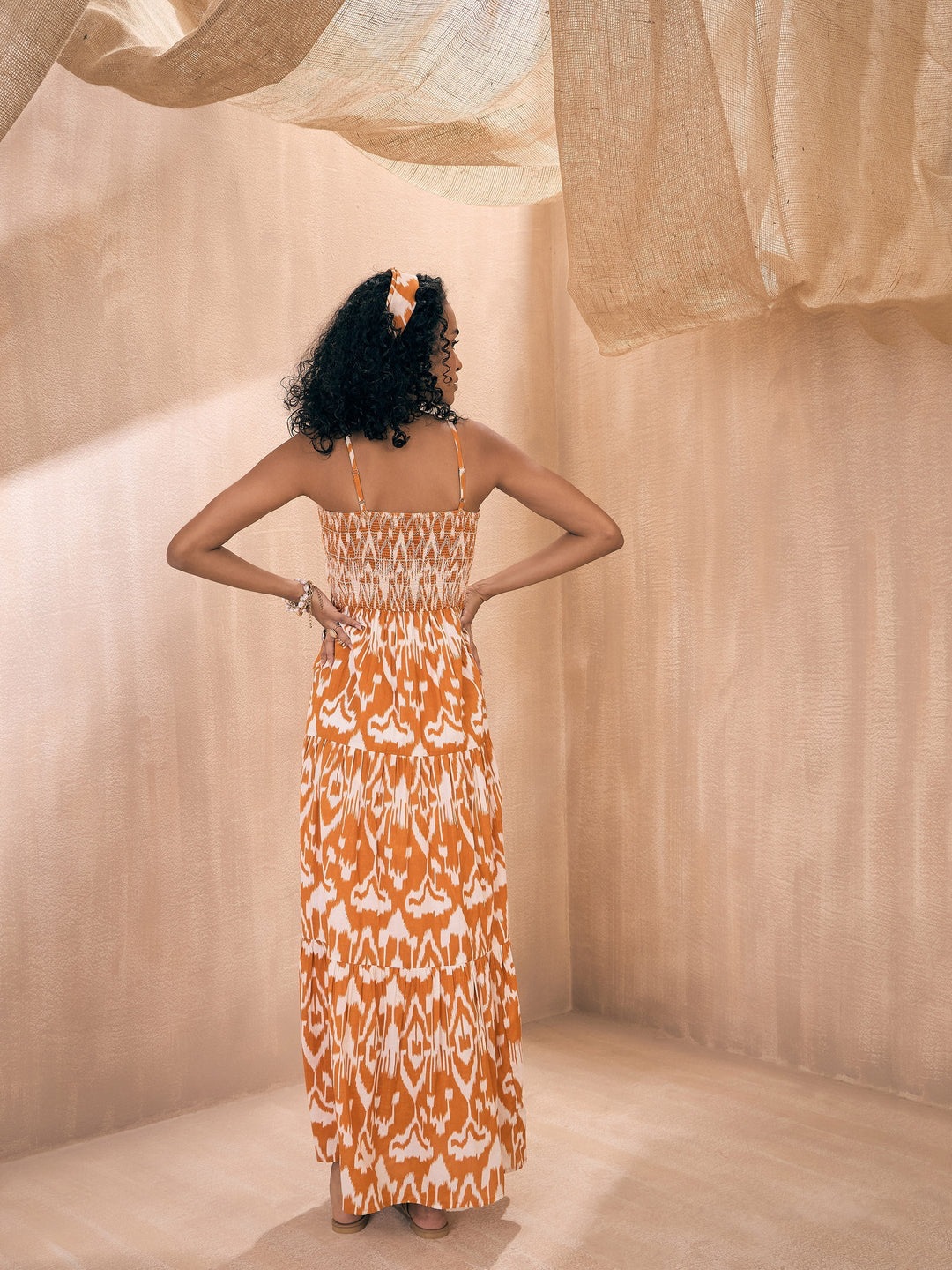 Women Ikat Print Smocked Bust Tiered Maxi