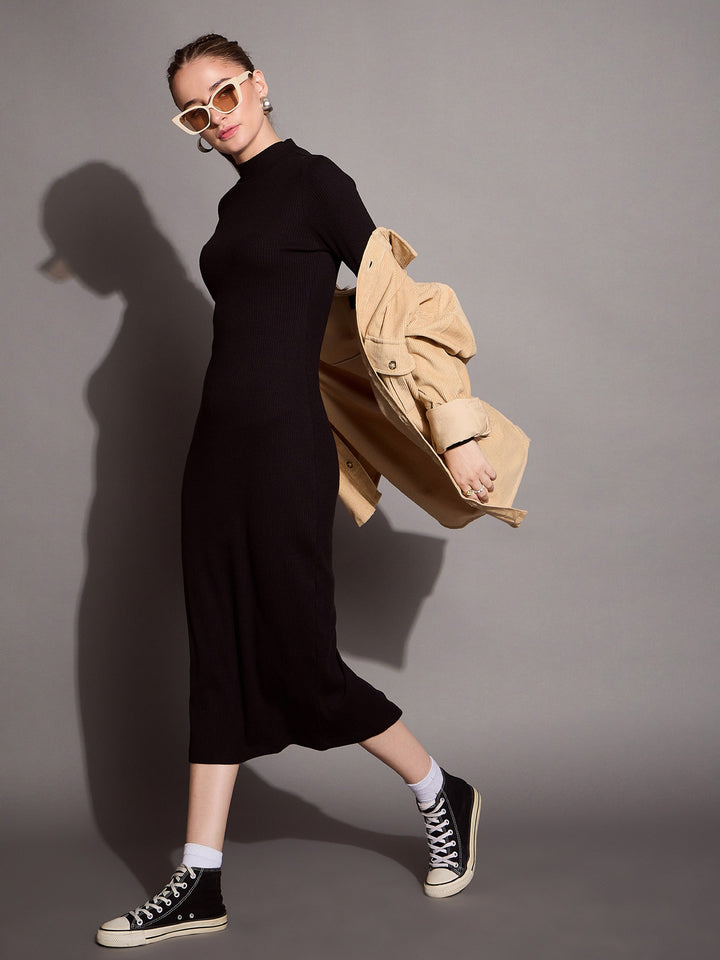 Women Ribbed Back Slit Full Sleeves Bodycon Dress