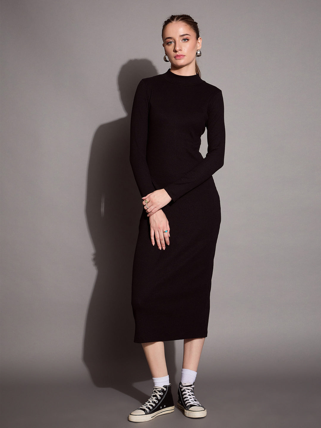 Women Ribbed Back Slit Full Sleeves Bodycon Dress