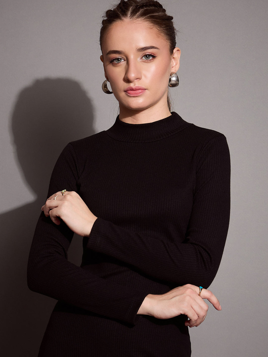 Women Ribbed Back Slit Full Sleeves Bodycon Dress