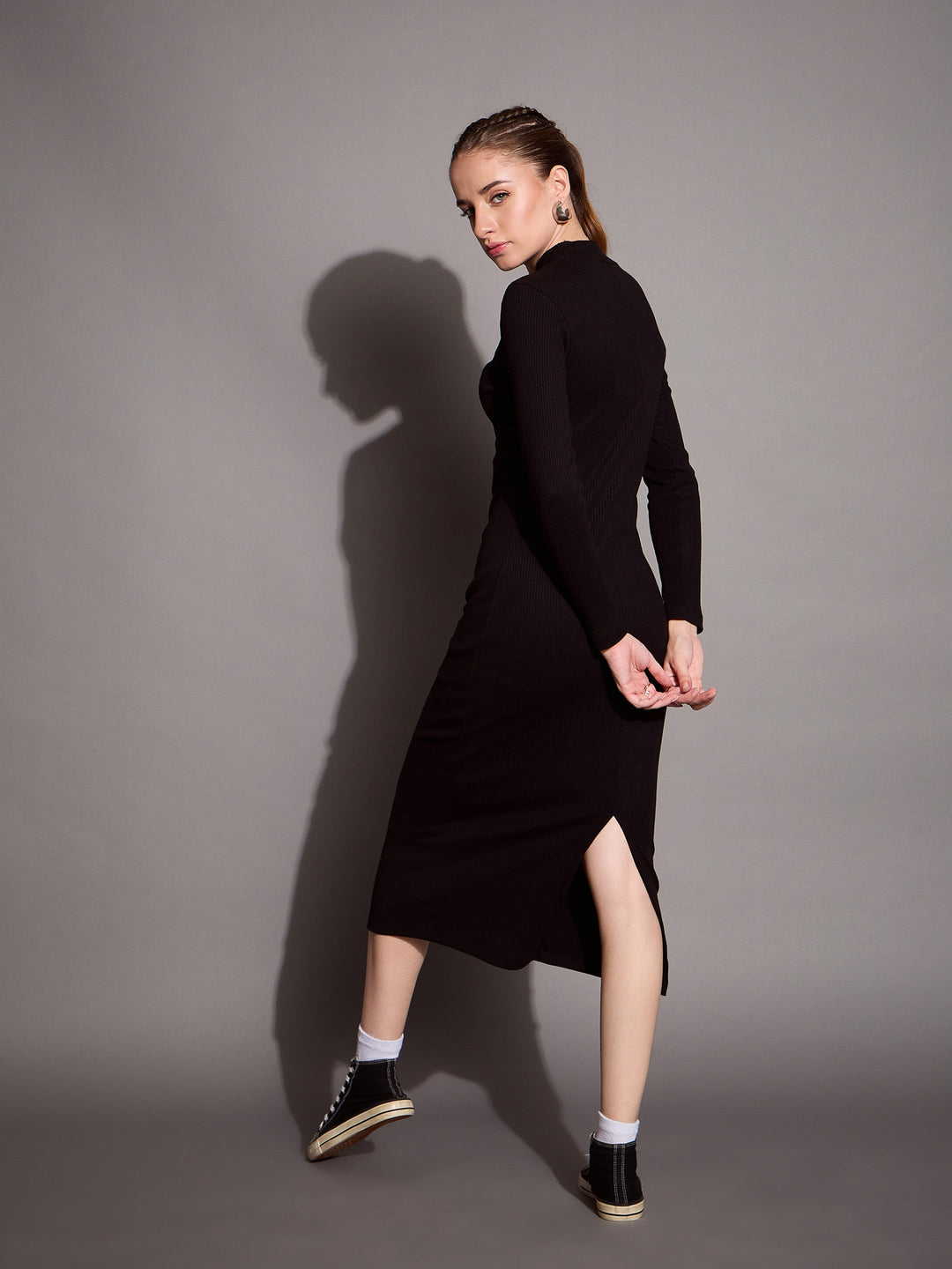 Women Ribbed Back Slit Full Sleeves Bodycon Dress