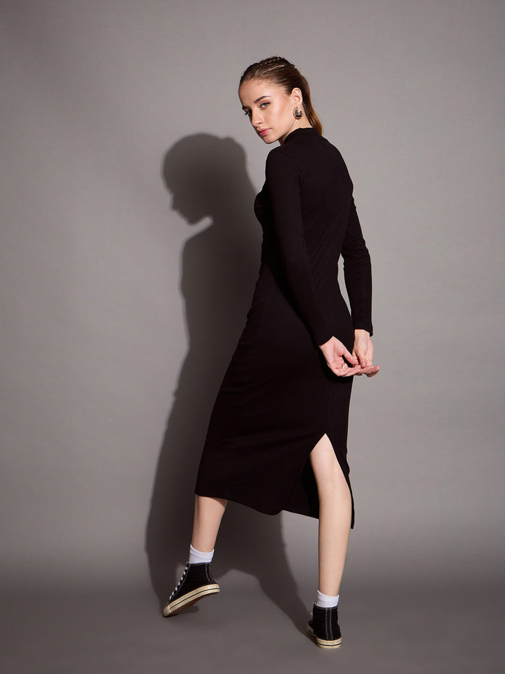 Women Ribbed Back Slit Full Sleeves Bodycon Dress