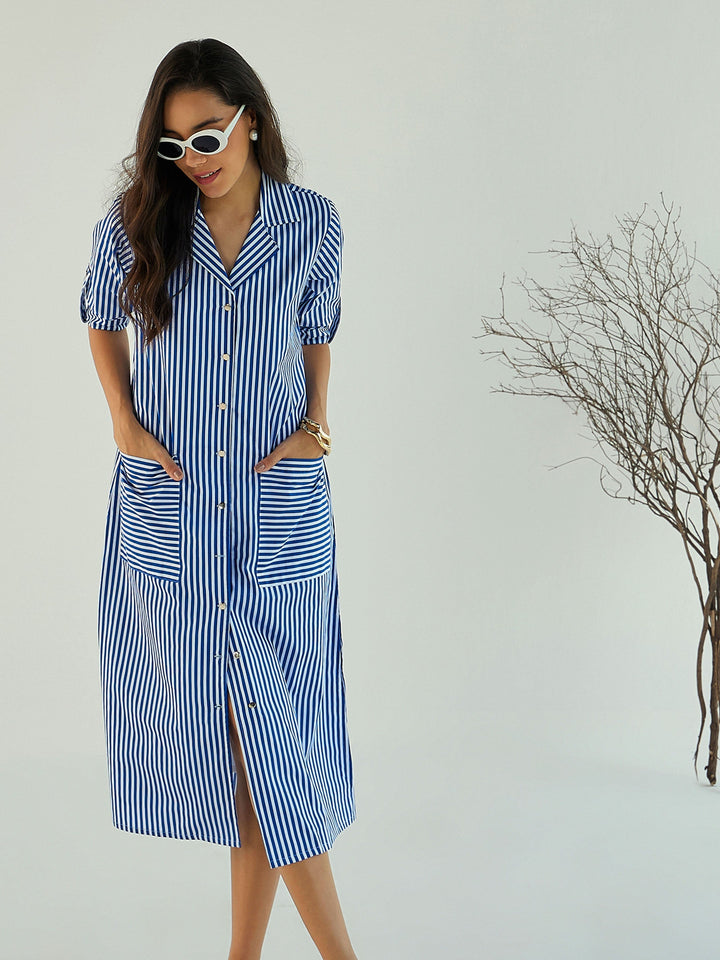 Women Stripe Notch Collar Midi Dress