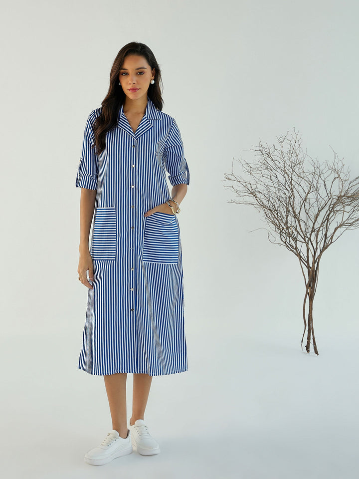Women Stripe Notch Collar Midi Dress