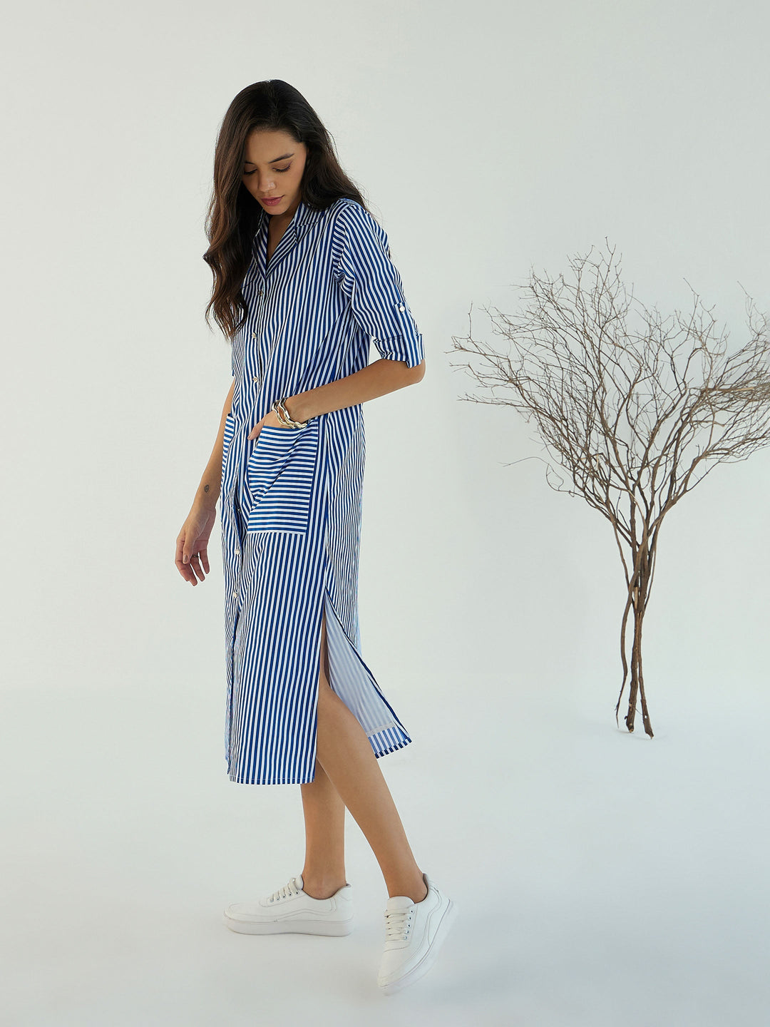 Women Stripe Notch Collar Midi Dress