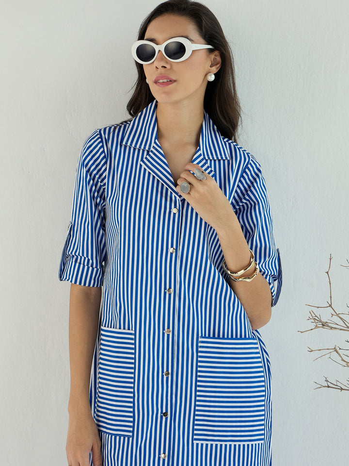 Women Stripe Notch Collar Midi Dress
