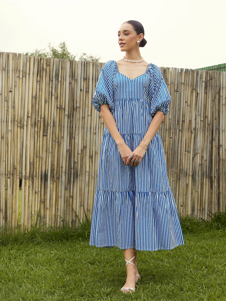 Women Stripe V-Neck Tiered Dress