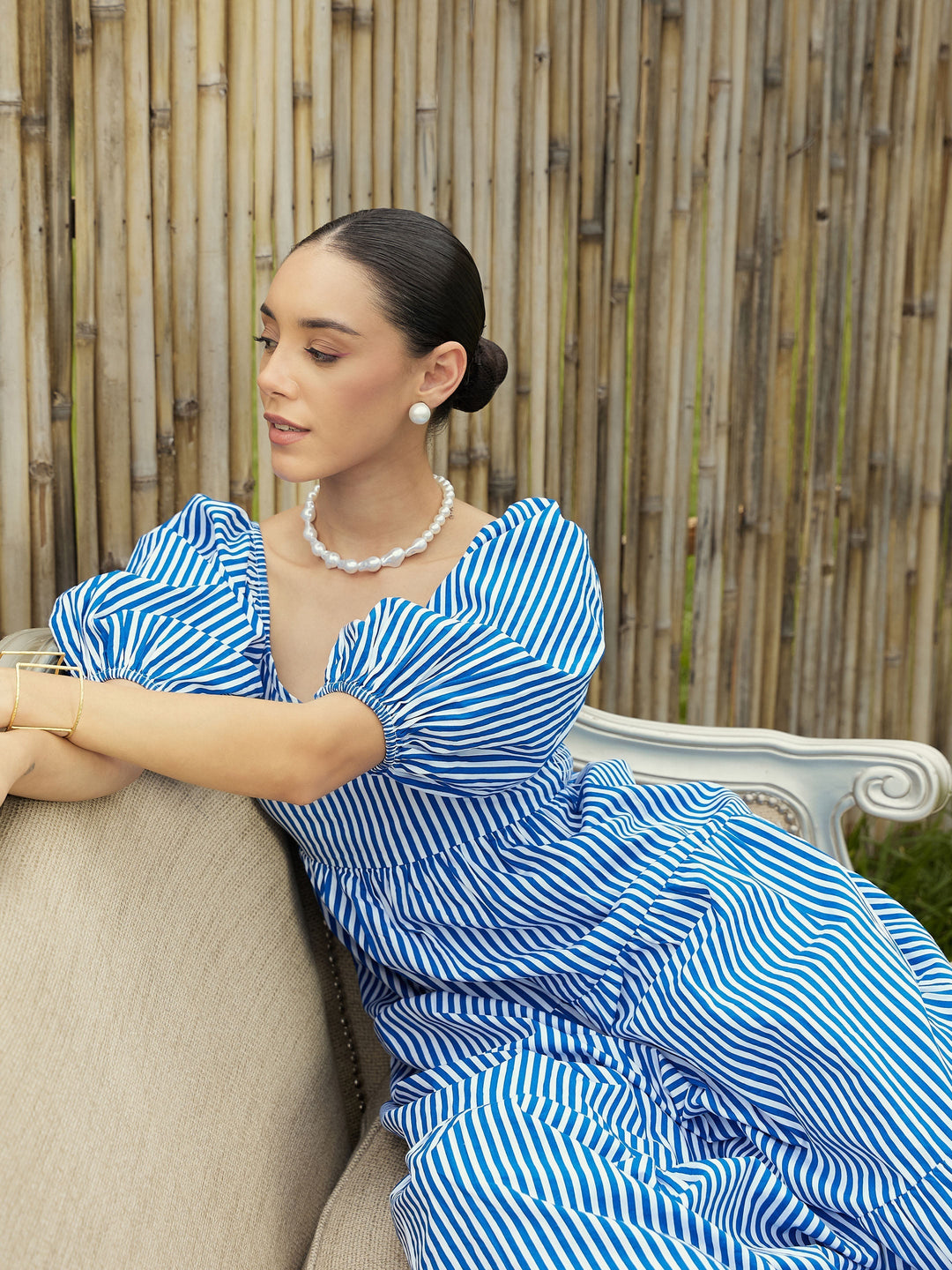 Women Stripe V-Neck Tiered Dress