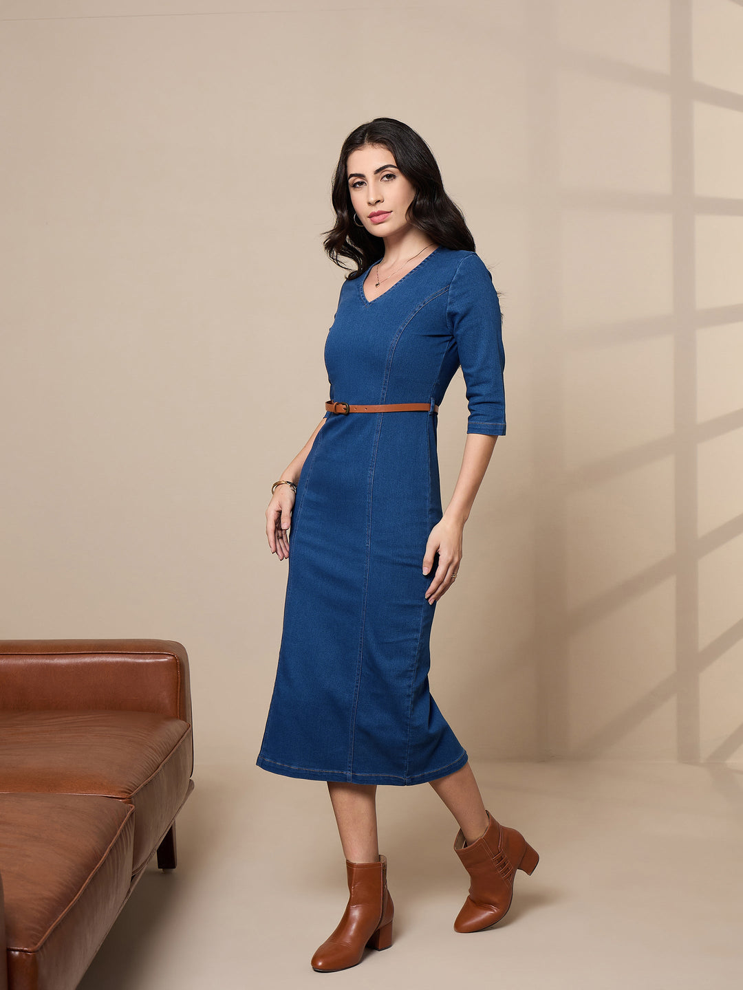 Women Denim V-Neck Below Knee Dress