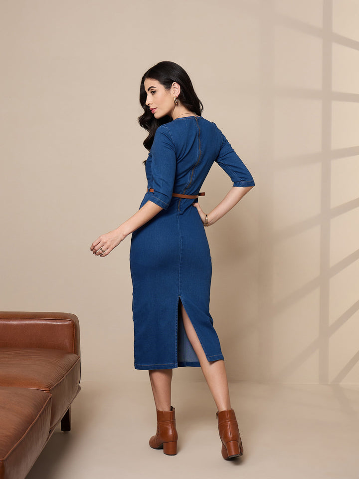 Women Denim V-Neck Below Knee Dress