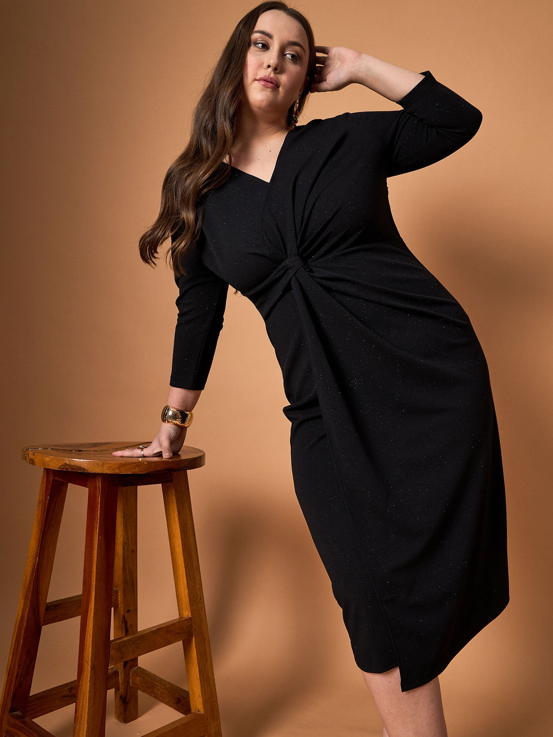 Plus size women's Black Karera Crepe Black Glitter Side Knot Midi Dress by Sassafras Curve for wholesale buyers, boutiques, resellers and bulk orders